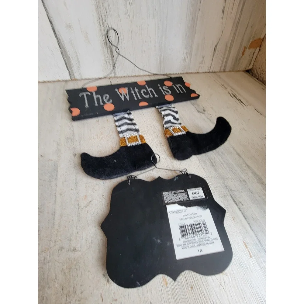 Halloween witch is in feet sign set glitter Unique broom Home decor